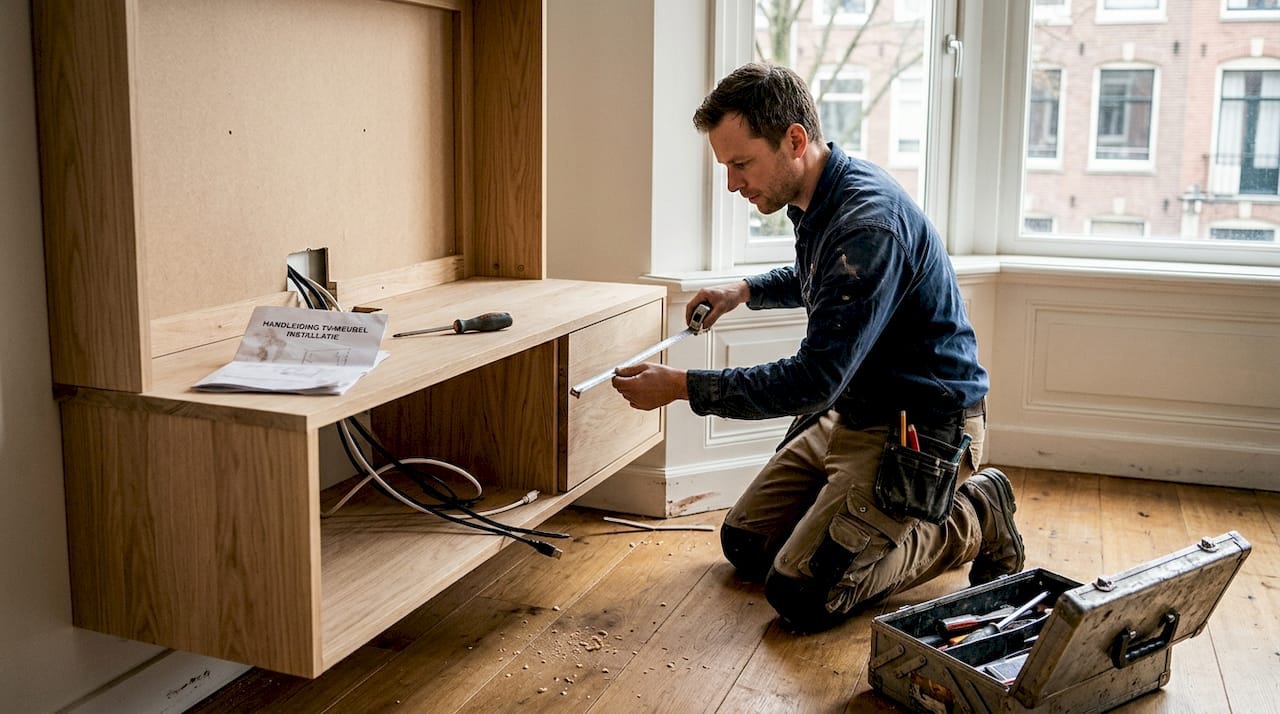 Klusjesman plaatst op maat gemaakt tv-meubel