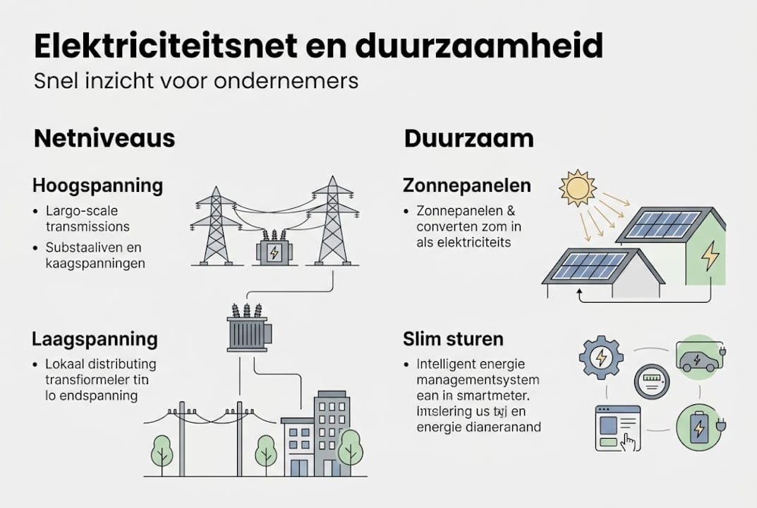 Overzichtelijke infographic van het elektriciteitsnet en duurzame energiebronnen