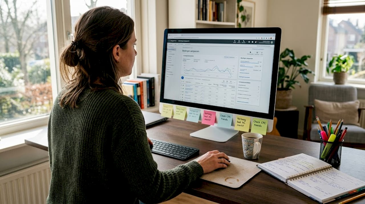 Iemand past via zijn computer de advertentiebiedingen aan.