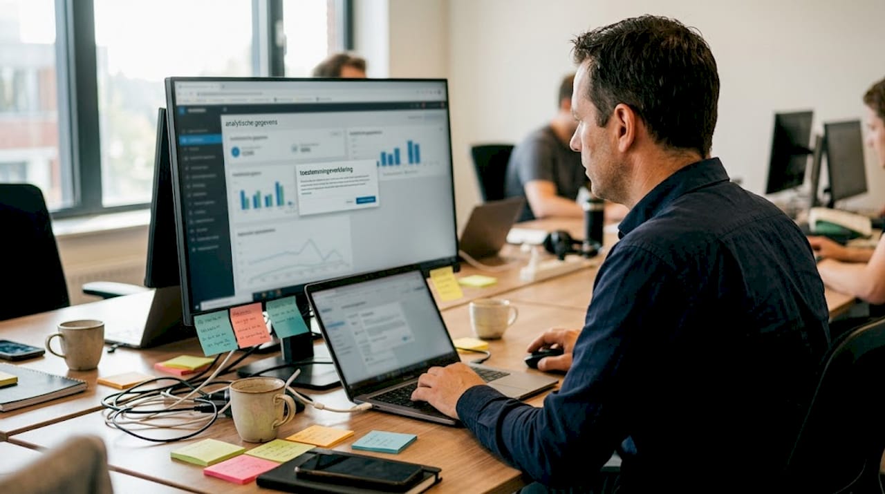 Man verwerkt klantgegevens op zijn werkplek op kantoor