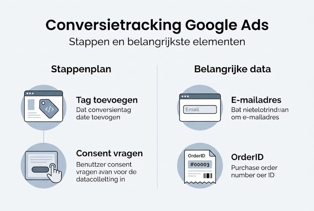 Overzichtelijke infographic met stappenplan en belangrijke cijfers voor het bijhouden van conversies