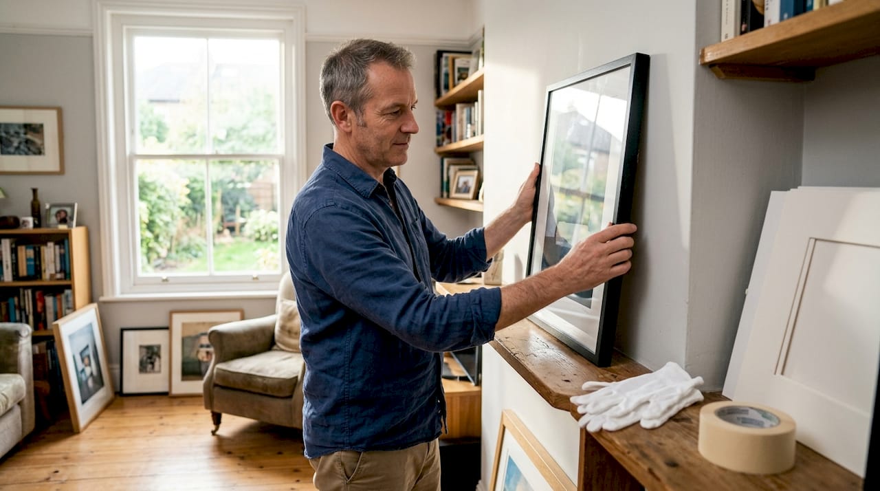 Collector hangs print using archival materials