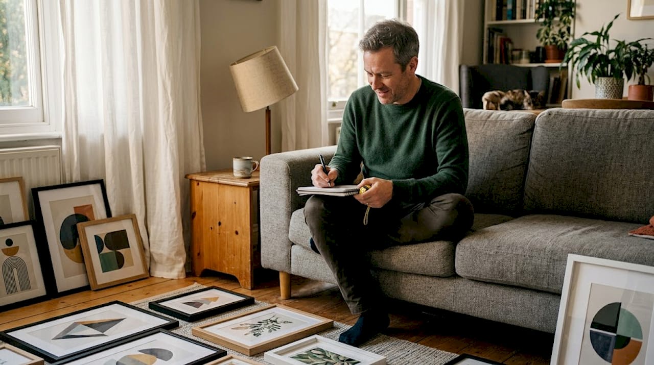 Man planning home print arrangement with art on floor