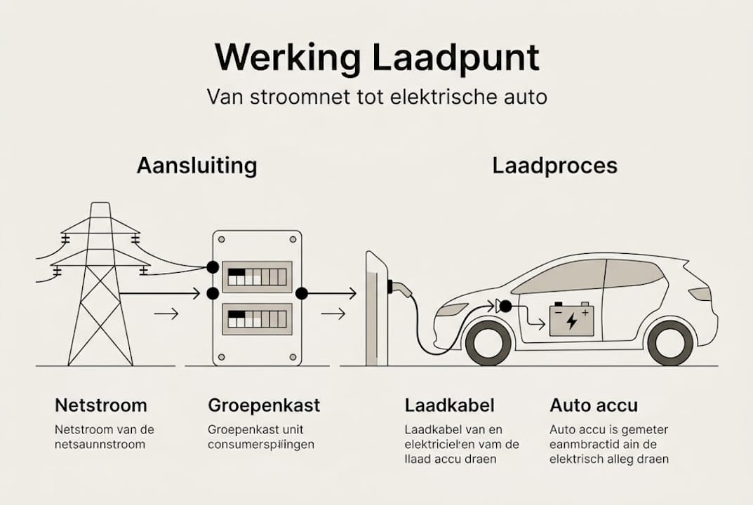 Infographic met een auto die via een laadkabel is aangesloten op het elektriciteitsnet