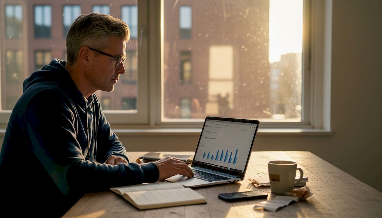 Man bladert door een advertentie voor sportvoeding op een veilingsite