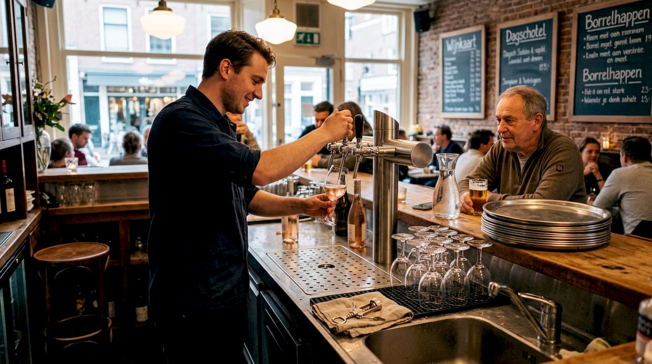 Achter de bar schenkt de barman een glas rosé rechtstreeks uit het tapwijnsysteem.