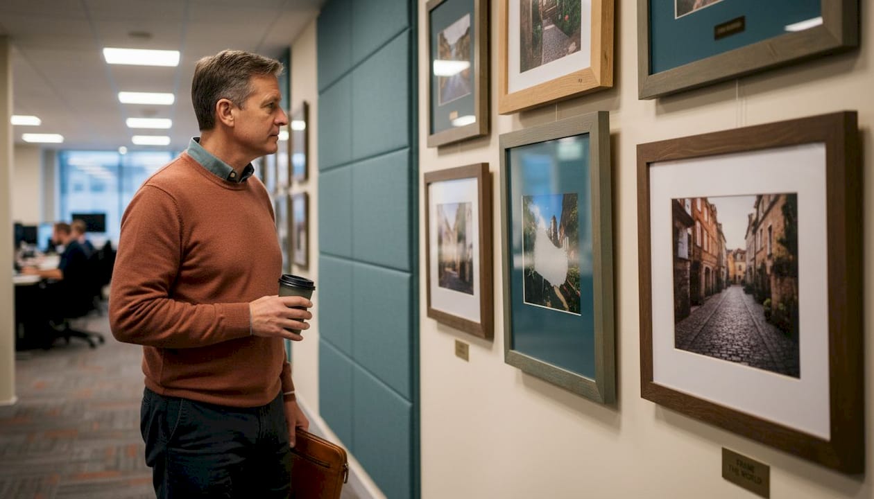 Man loopt langs kantoorkunstvoorstelling