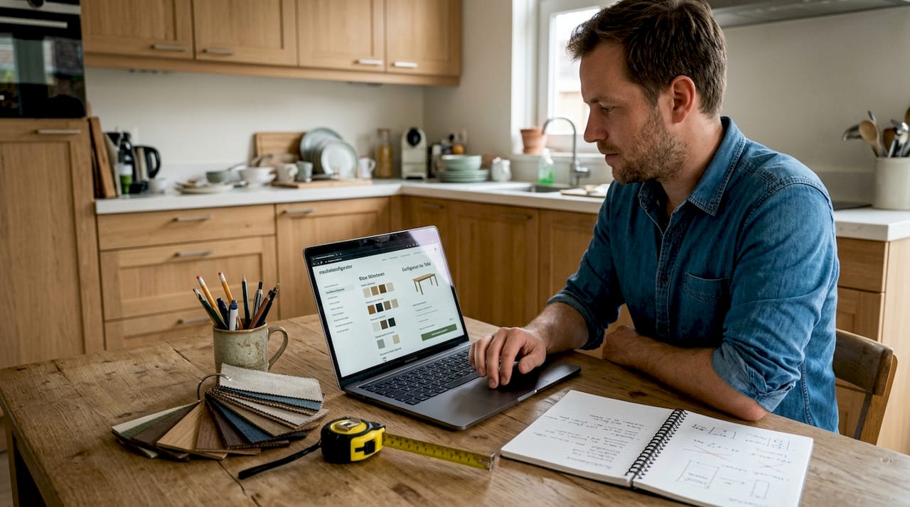 Thuis zit een man achter zijn laptop om meubels samen te stellen in een online configurator.