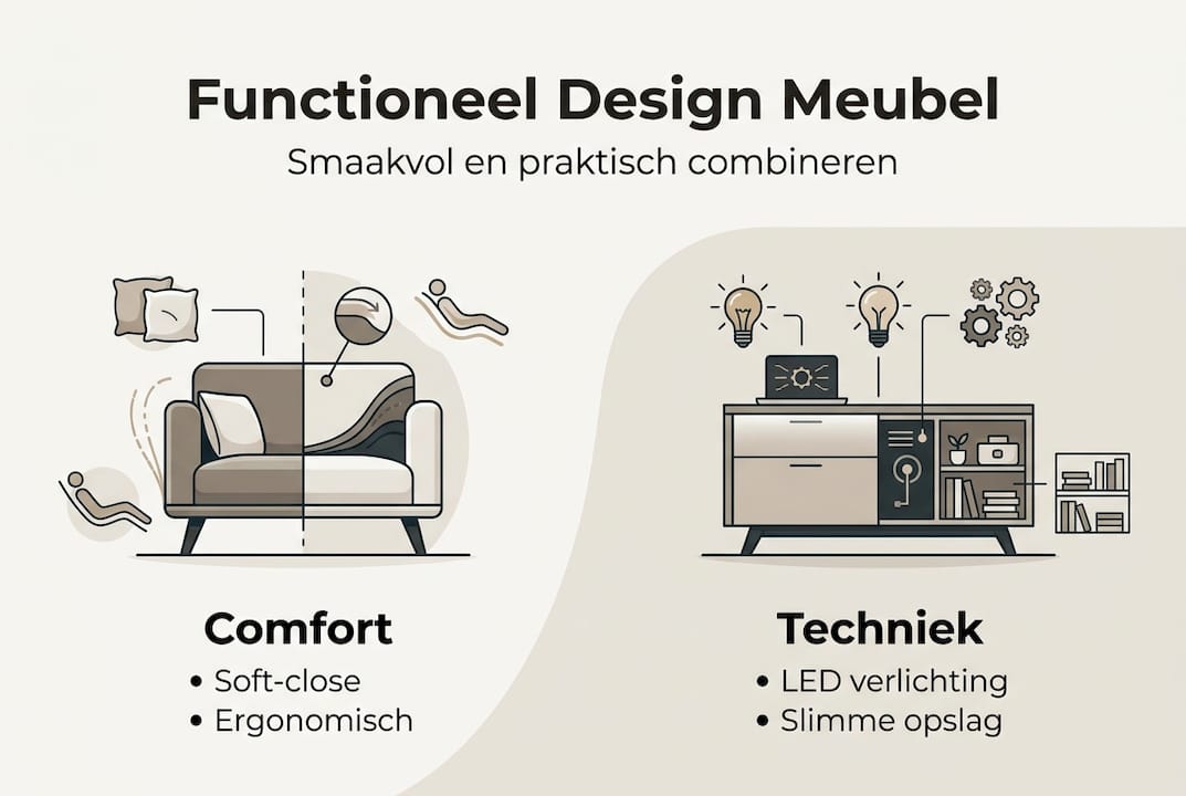 Infographic over een designmeubel dat comfort en slimme techniek combineert