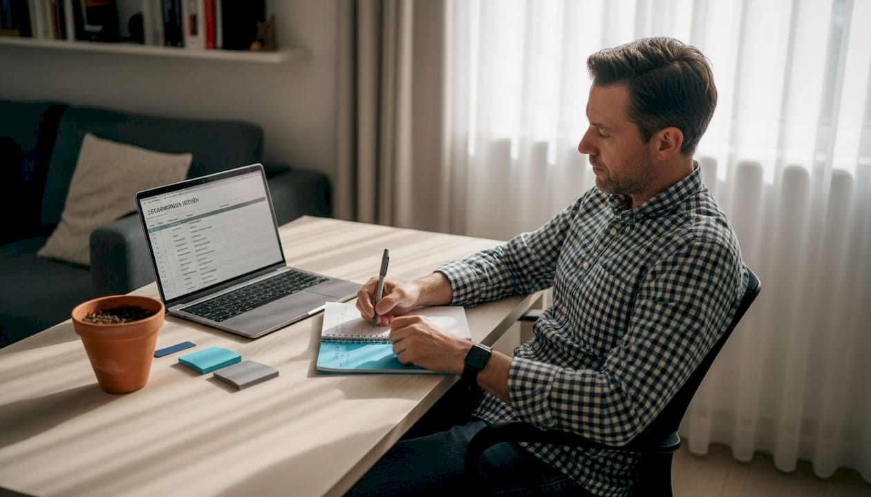 Man zit in zijn thuiskantoor ideeën te verzamelen voor zoekwoorden