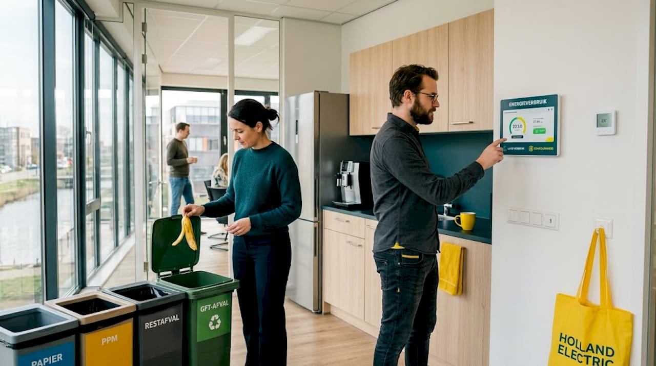 Op kantoor maken medewerkers actief gebruik van afvalscheidingsbakken en houden ze het energieverbruik nauwlettend in de gaten met een energiemeter.