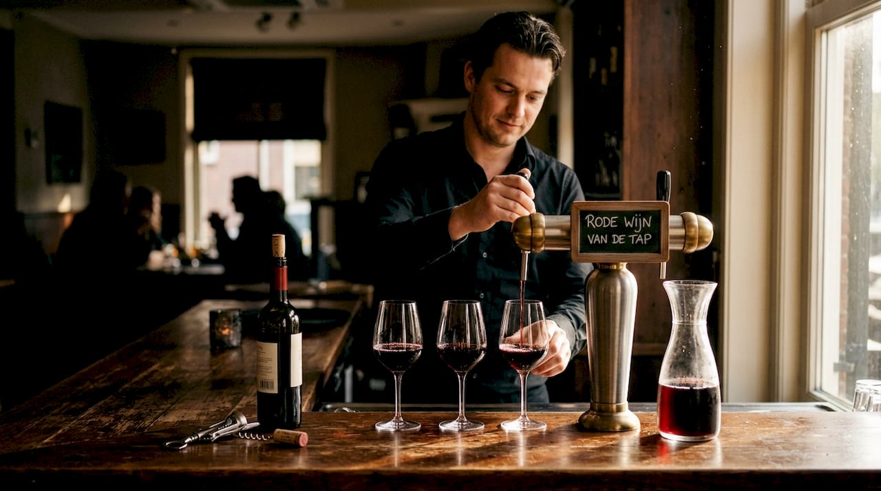 De barman tapt een glas rode wijn en zet het op de bar.