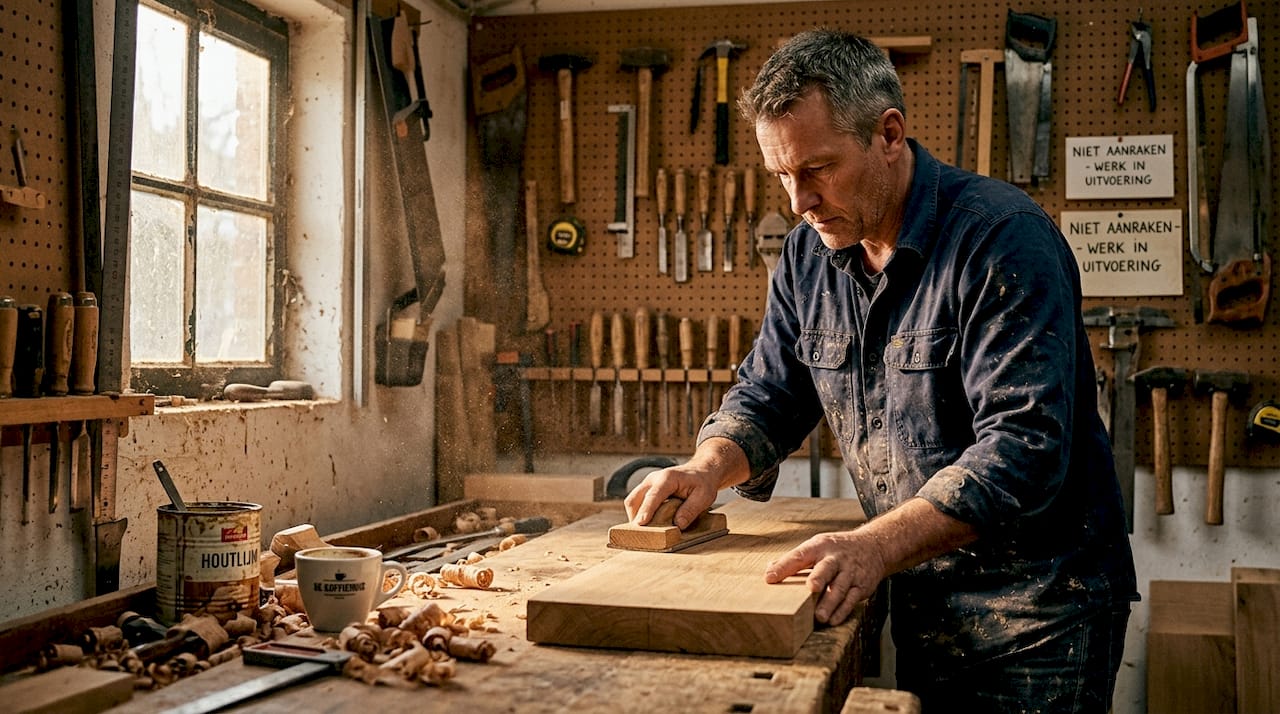 In de werkplaats werkt een meubelmaker zorgvuldig een op maat gemaakte plank af met schuurpapier.