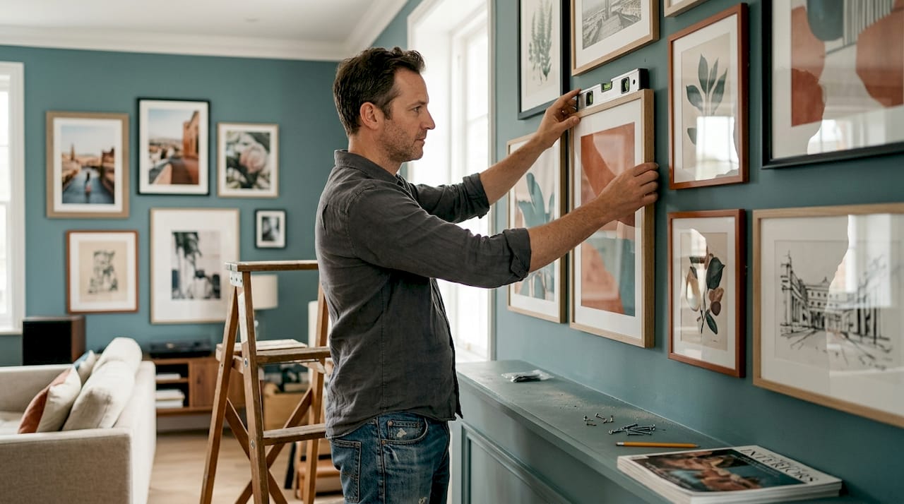 Man die exclusieve prints ophangt aan een galeriemuur