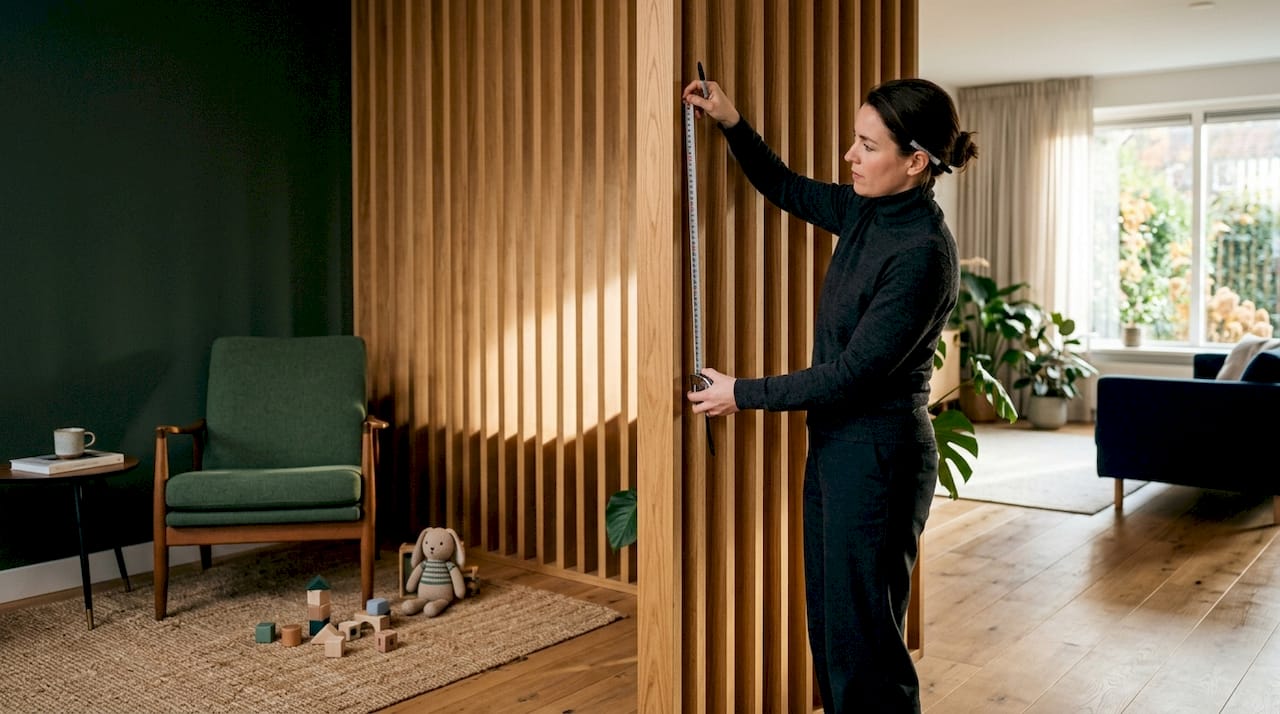 De interieurarchitect komt langs om de maatwerk roomdivider in te meten.