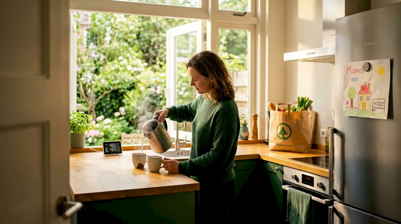 Een vrouw controleert in de keuken de meterstand van haar stroomverbruik, terwijl ze gebruikmaakt van zonne-energie.