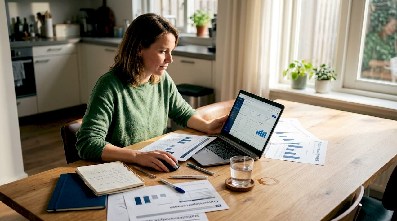 Een vrouw bekijkt haar advertentieproces aan de keukentafel.