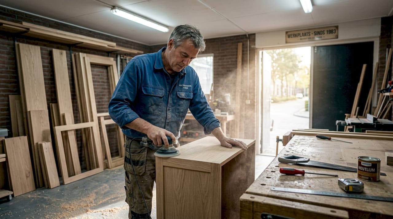 In zijn werkplaats is een meubelmaker bezig een houten kast zorgvuldig te schuren.