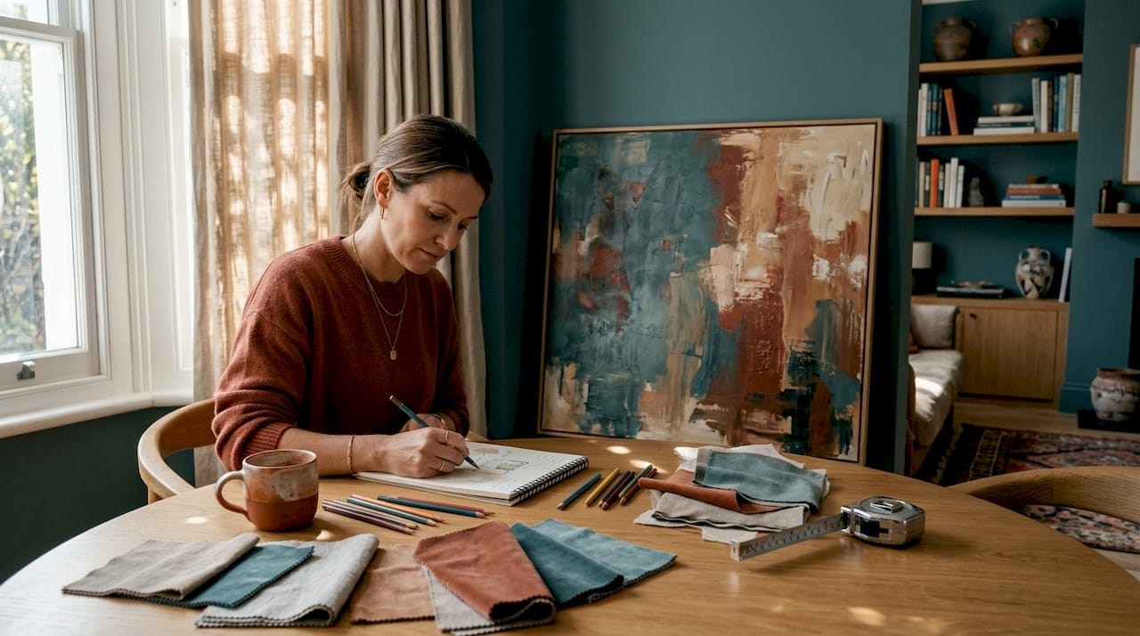 Designer sketches beside custom painting