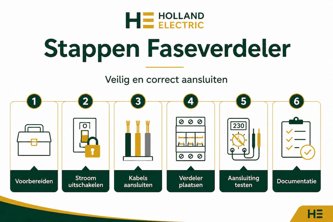 Overzichtelijke infographic: zo sluit je stap voor stap een faseverdeler aan