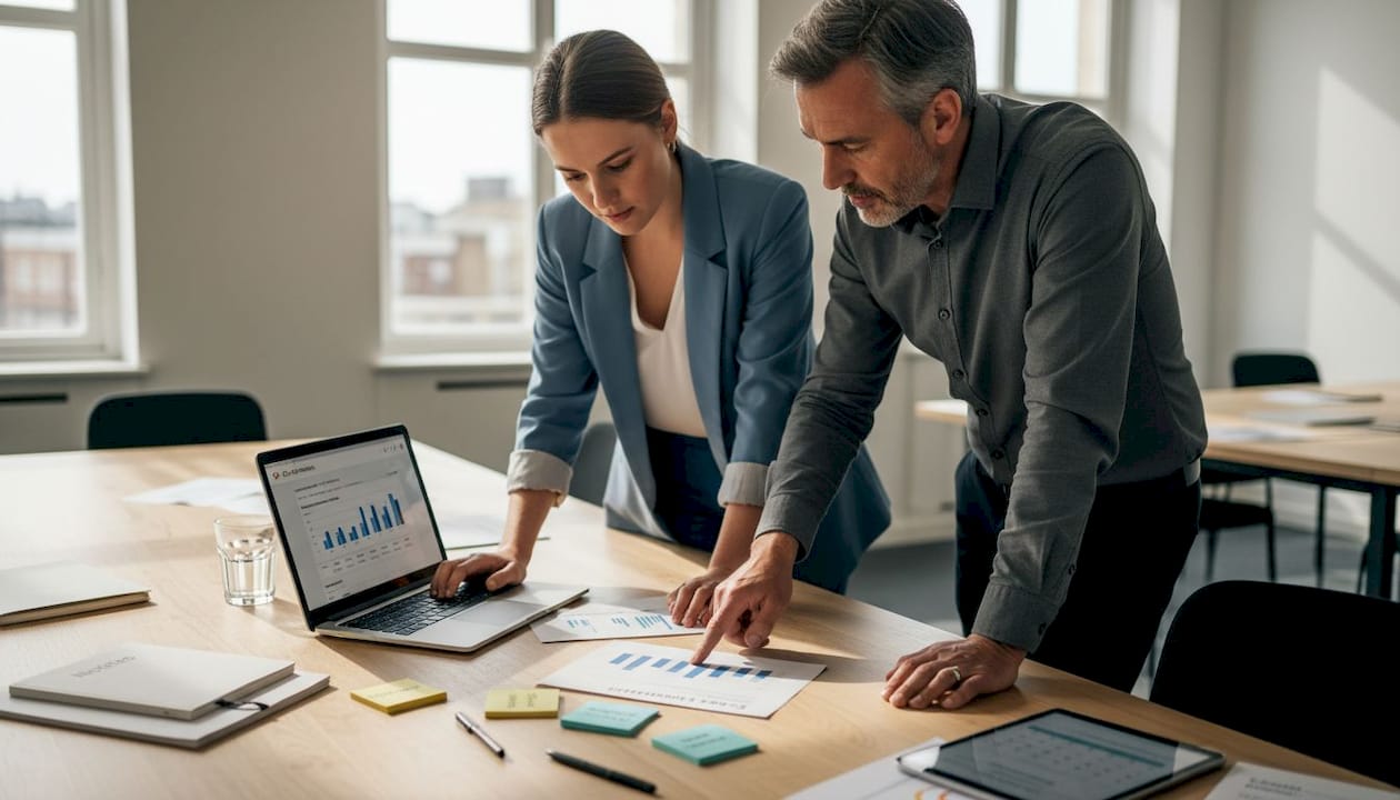 Collega’s buigen zich samen over de resultaten van Google Ads aan de vergadertafel.