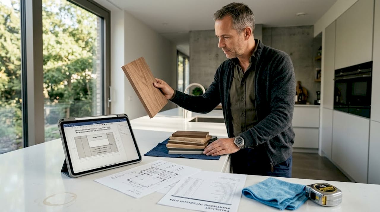 De ontwerper selecteert zorgvuldig de materialen voor de maatkast.
