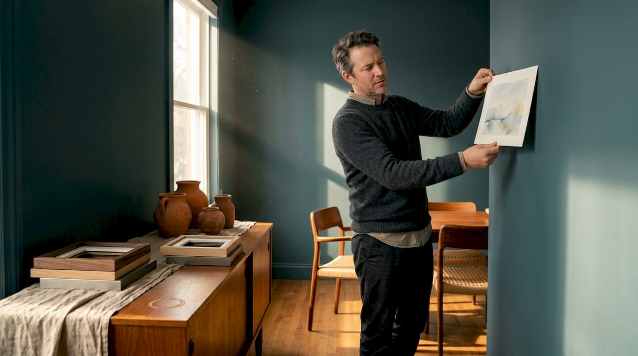 Man test kunst op gekleurde muur