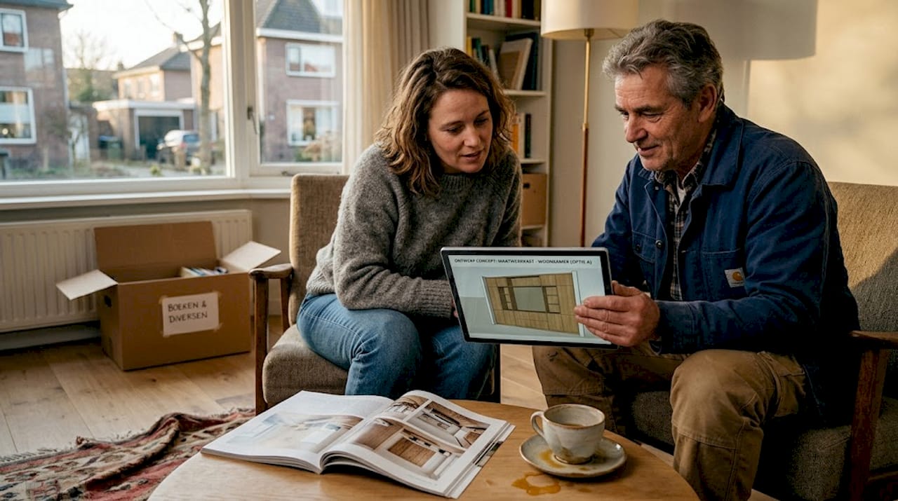 Samen overleggen klant en meubelmaker in de woonkamer hoe de kast eruit moet komen te zien.