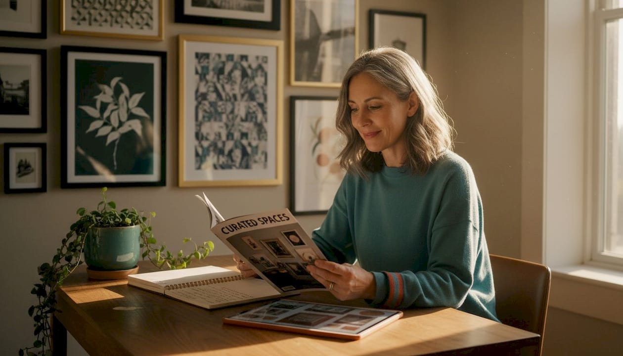 Woman in office with wall of art prints