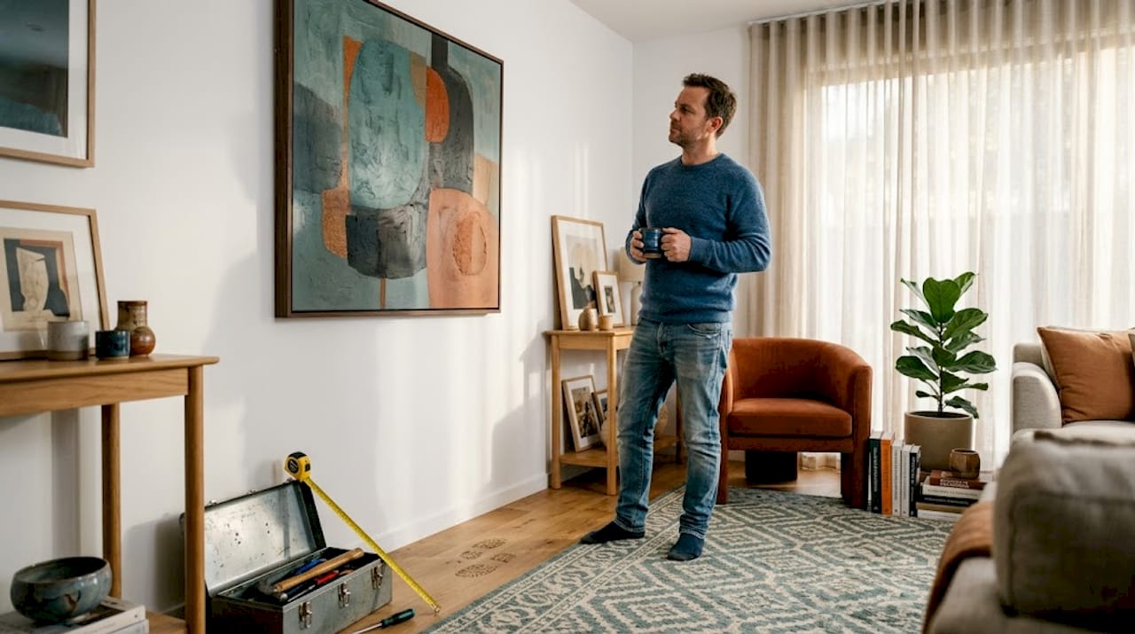 Man evaluating artwork height in lounge