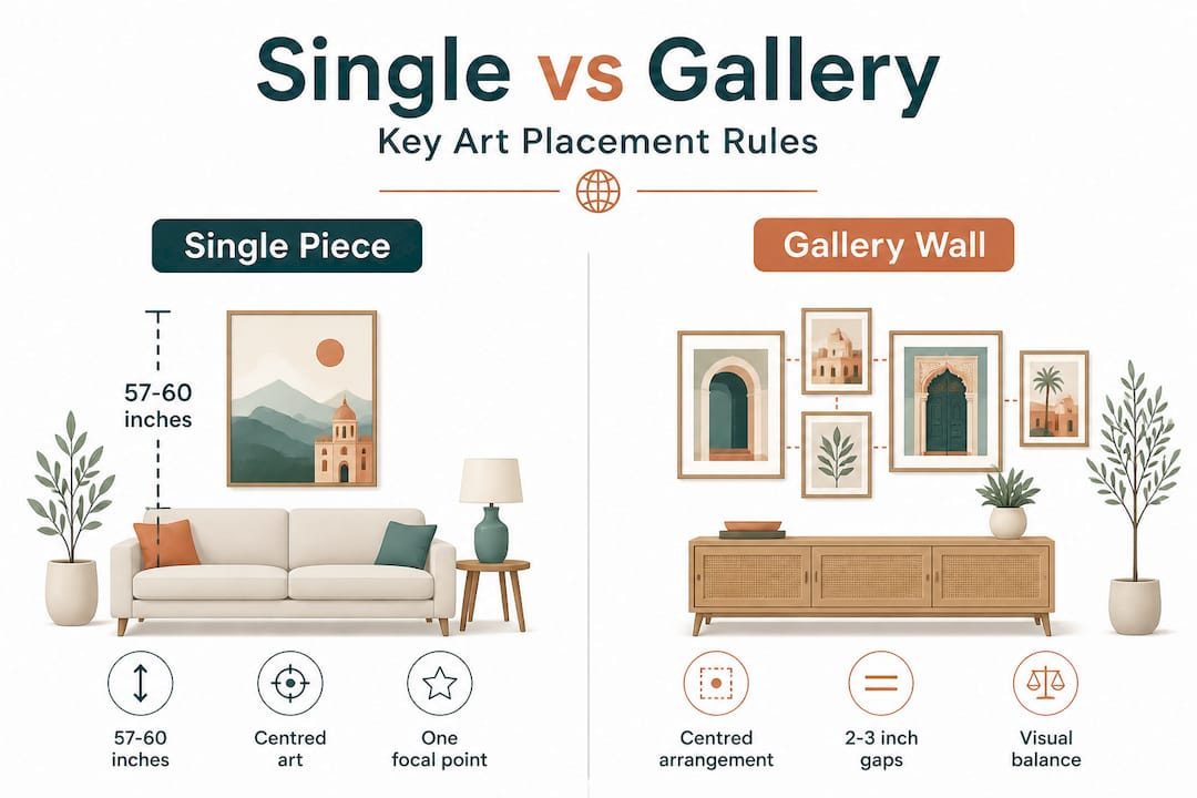 Infographic comparing single piece and gallery wall art placement