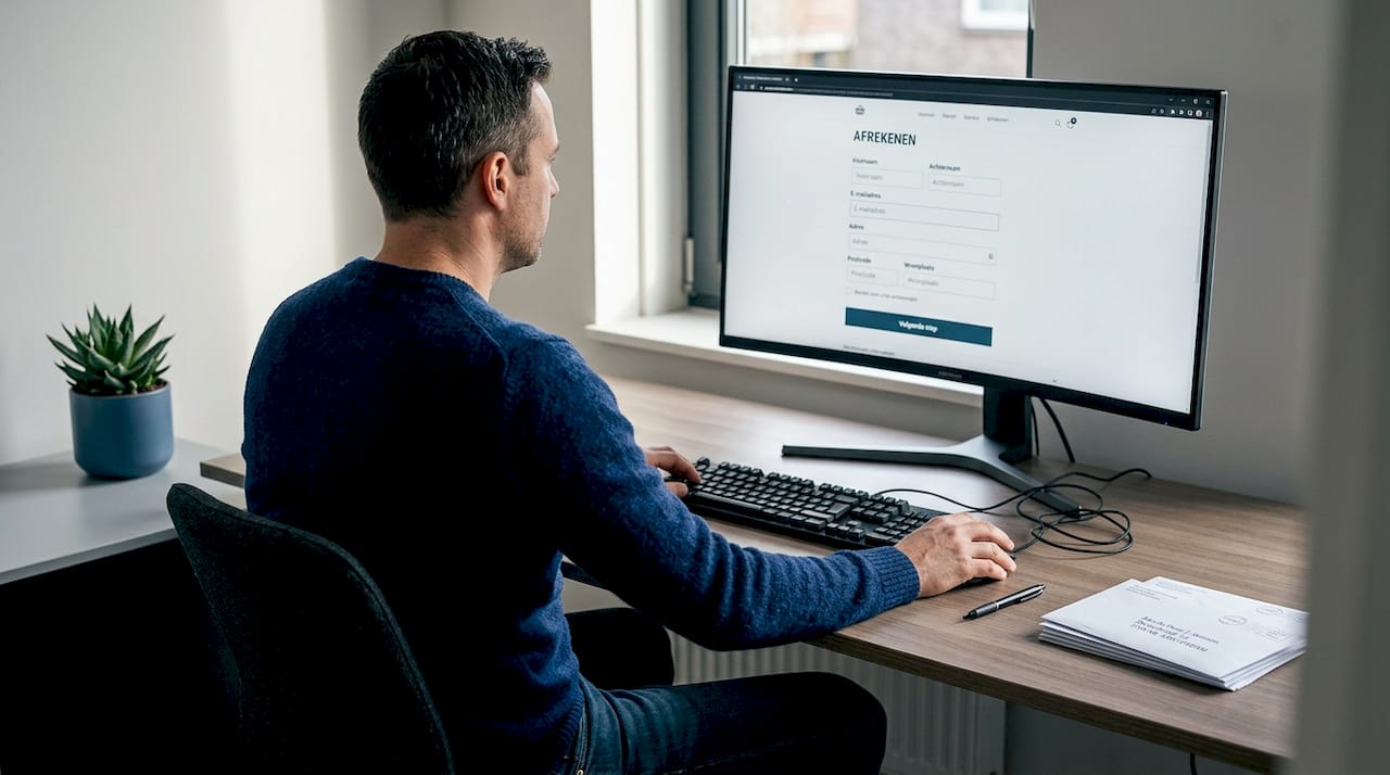 Iemand rondt een online bestelling af vanuit zijn thuiskantoor.