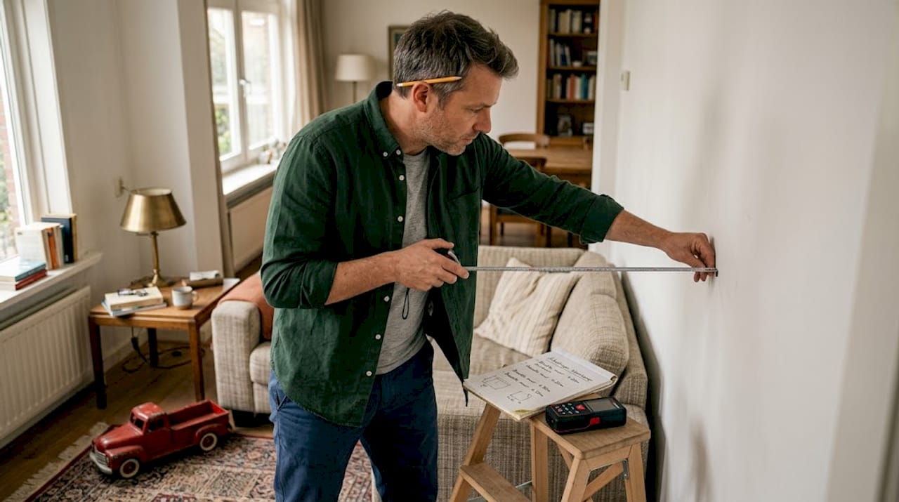 Man neemt de maat van de muur in de woonkamer om panelen te plaatsen.