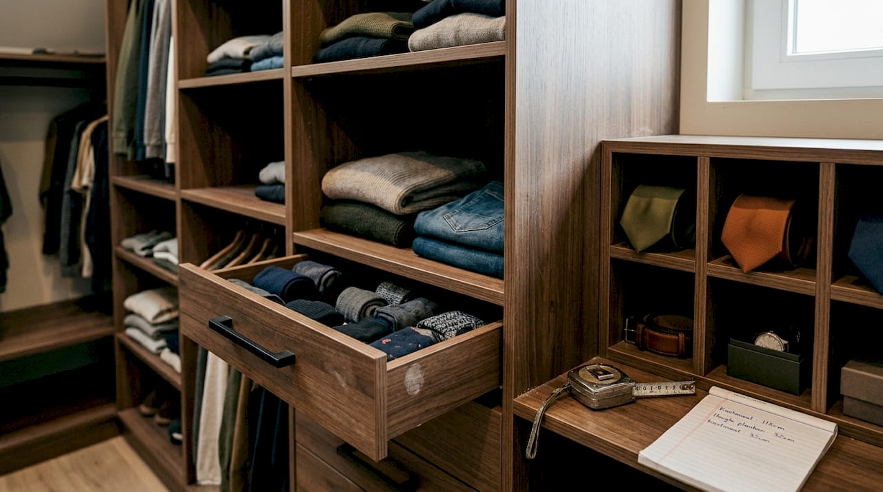 Sfeervol kijkje in een praktisch ingerichte kast met slimme accessoires
