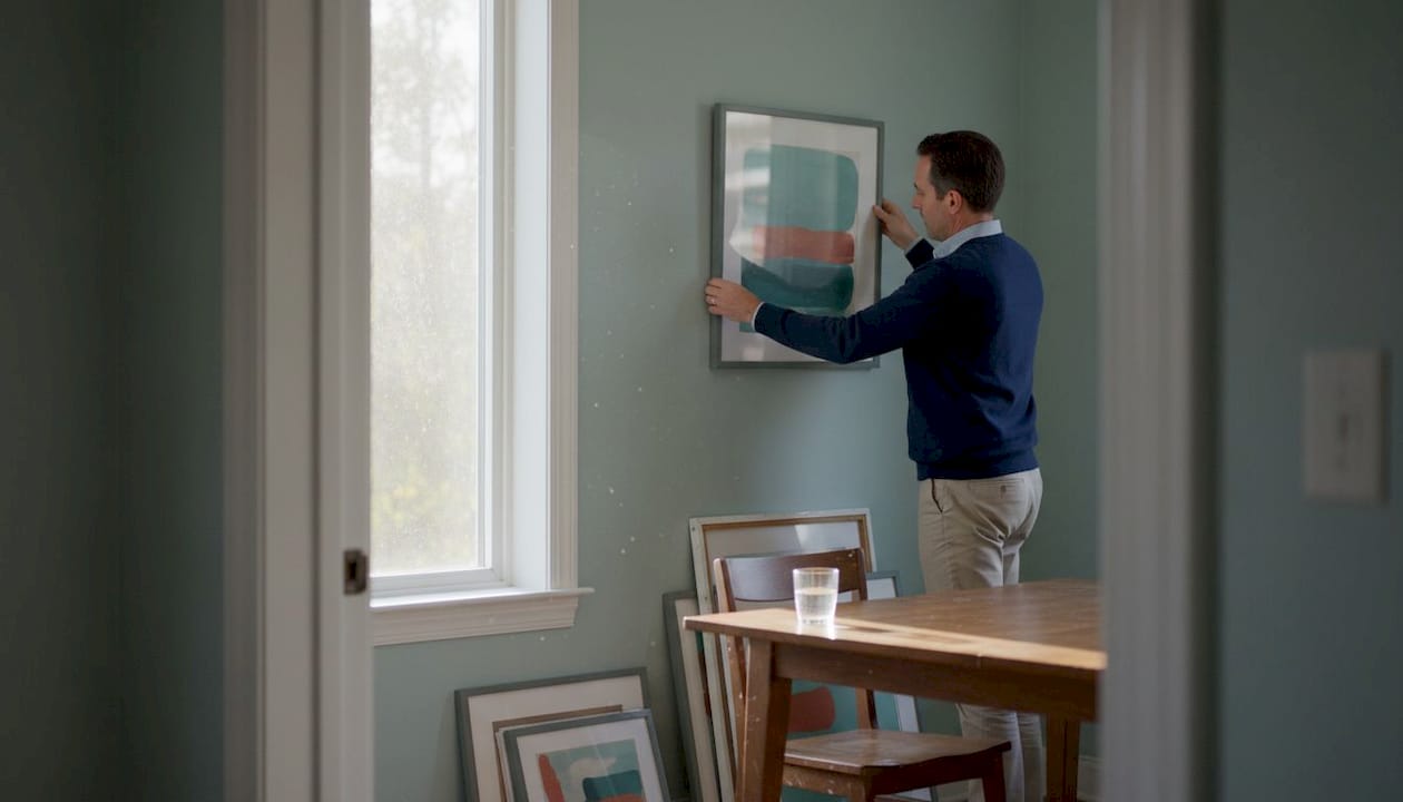 Man re-hanging art in simple dining room