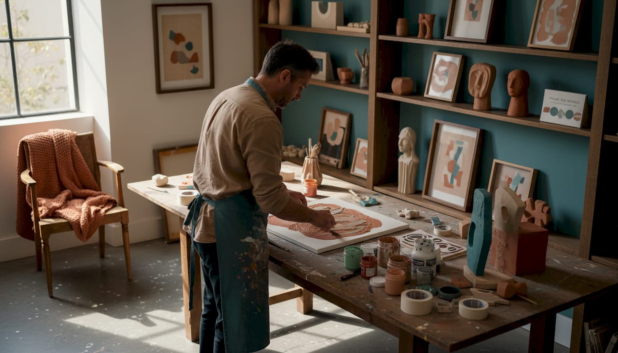 Kunstenaar voegt aangepaste textuur toe aan canvas in studio