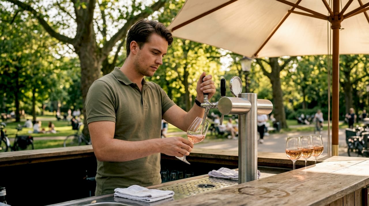 Achter de bar wordt er rosé uit de tap geschonken.