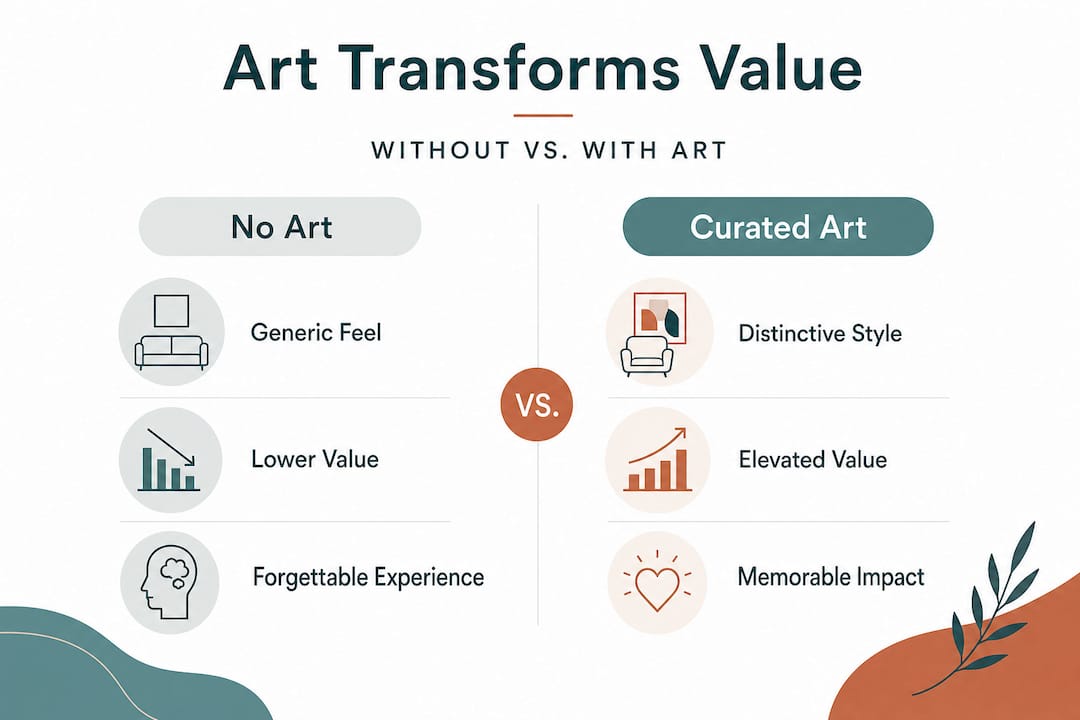 Infographic die ruimtes met en zonder gecureerde kunst vergelijkt