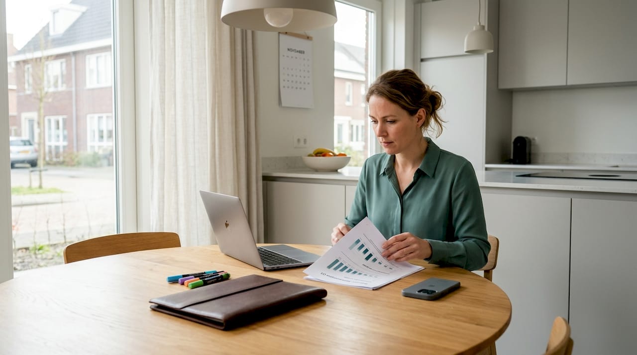 Vrouw test verschillende zoekwoordtools uit aan de keukentafel