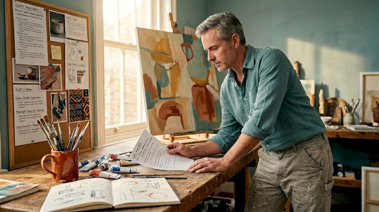 Artist reviewing mood brief in painting studio