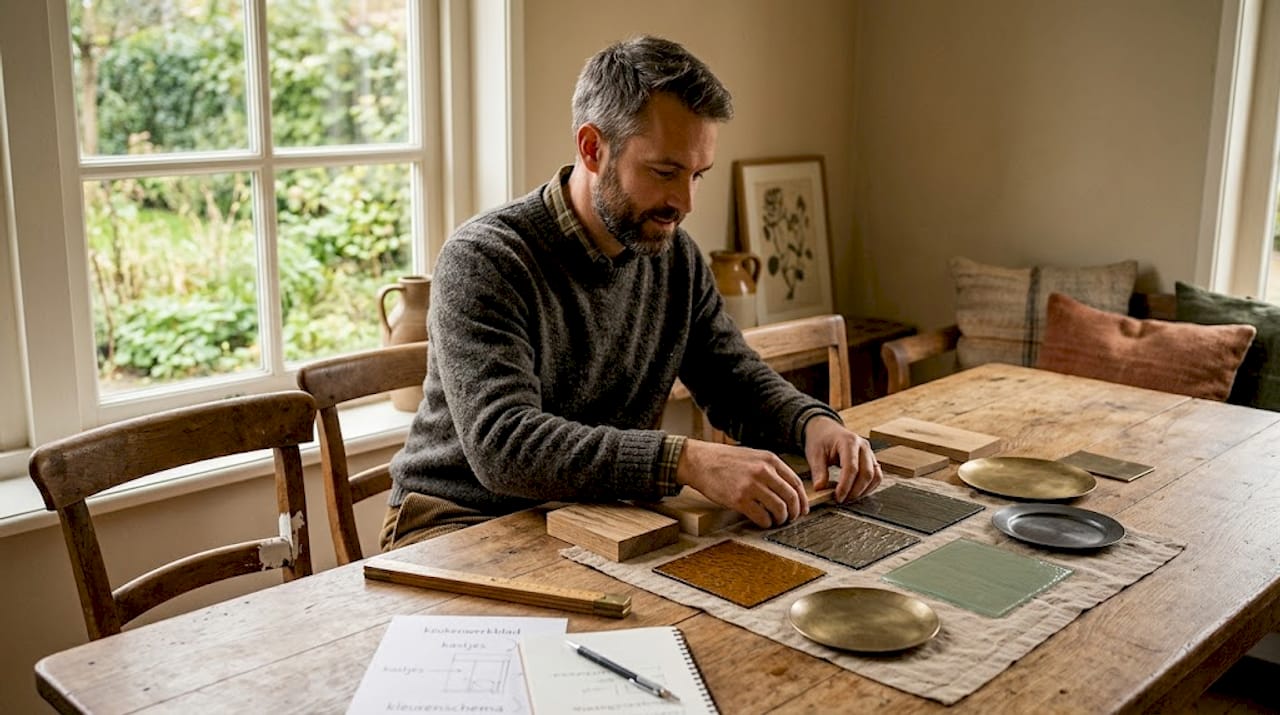 De interieuradviseur legt verschillende stalen op tafel zodat de klant de materialen kan bekijken en vergelijken.