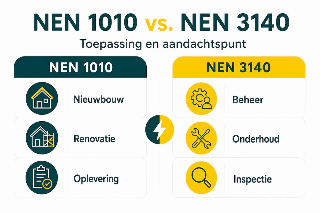 Overzichtelijke infographic: de belangrijkste verschillen tussen NEN 1010 en NEN 3140 op een rij