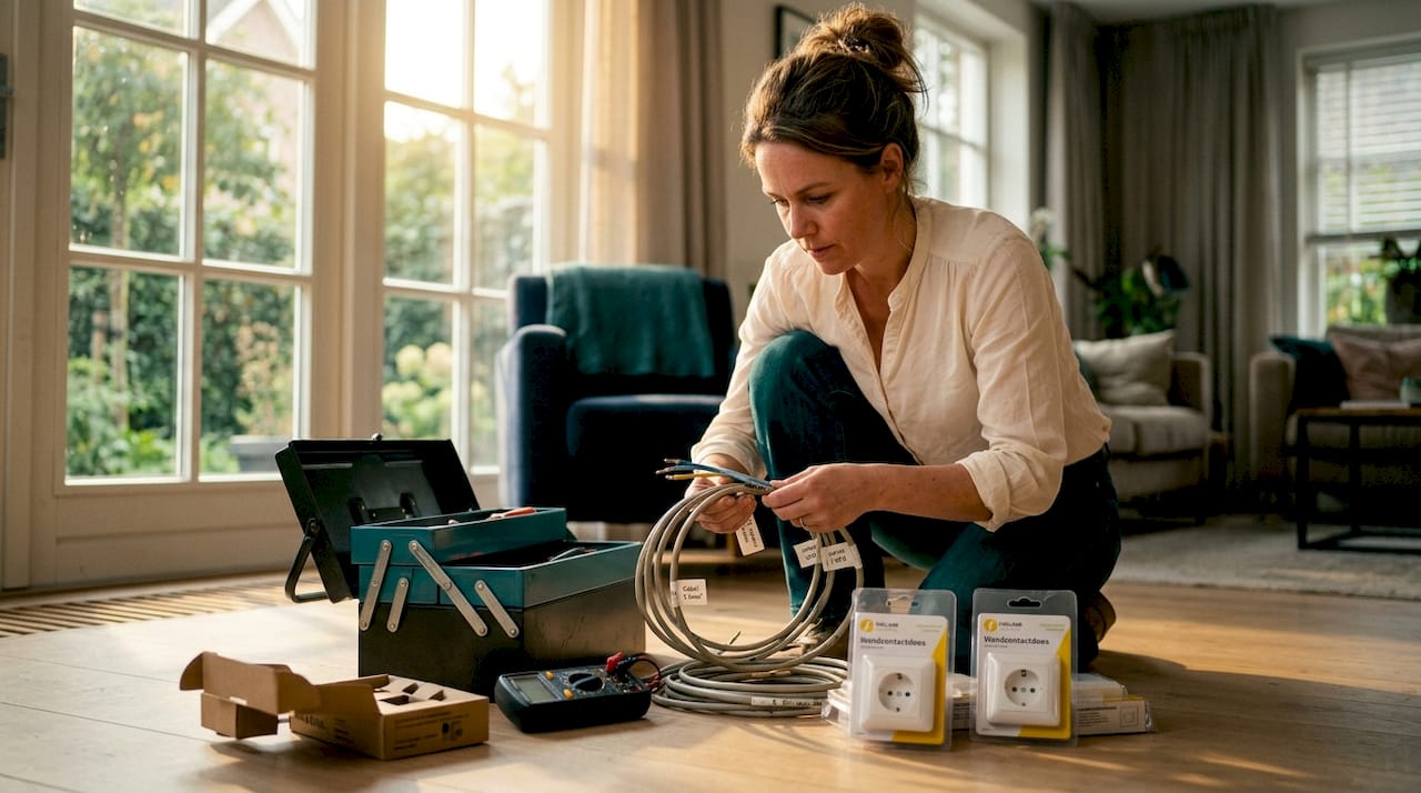 Een vrouw controleert of de elektrische apparatuur in de woonkamer veilig is.