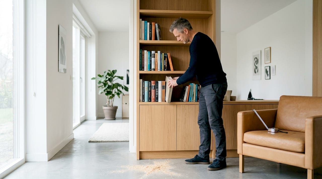Een man zet zijn boeken netjes in een op maat gemaakte kast.