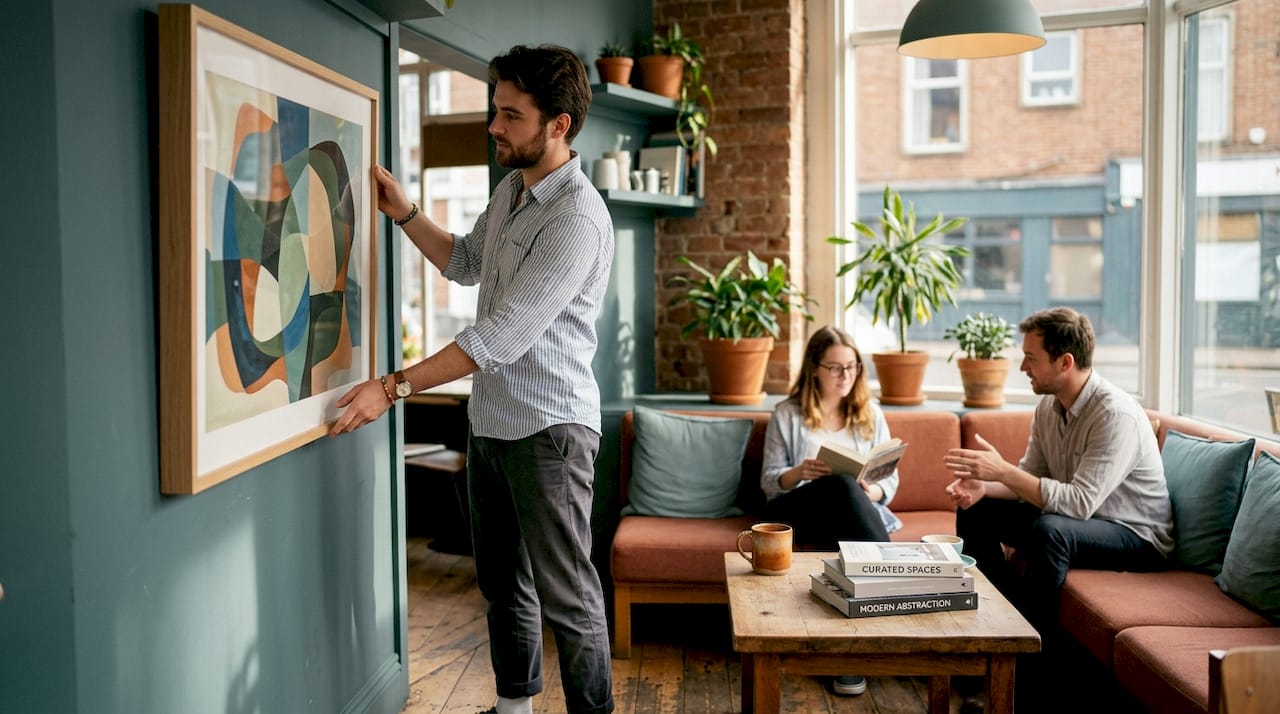 Man hanging art to enhance office wellbeing