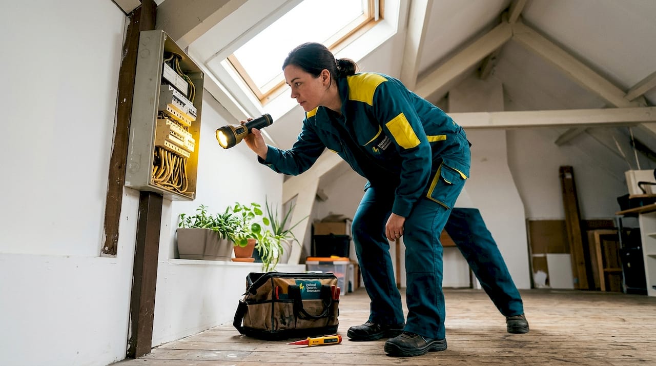 Een monteur inspecteert een verouderde meterkast bij een bedrijf.