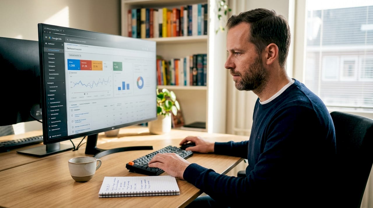 Een man bekijkt en beoordeelt de resultaten van zijn e-commerce advertenties in het PPC-dashboard.