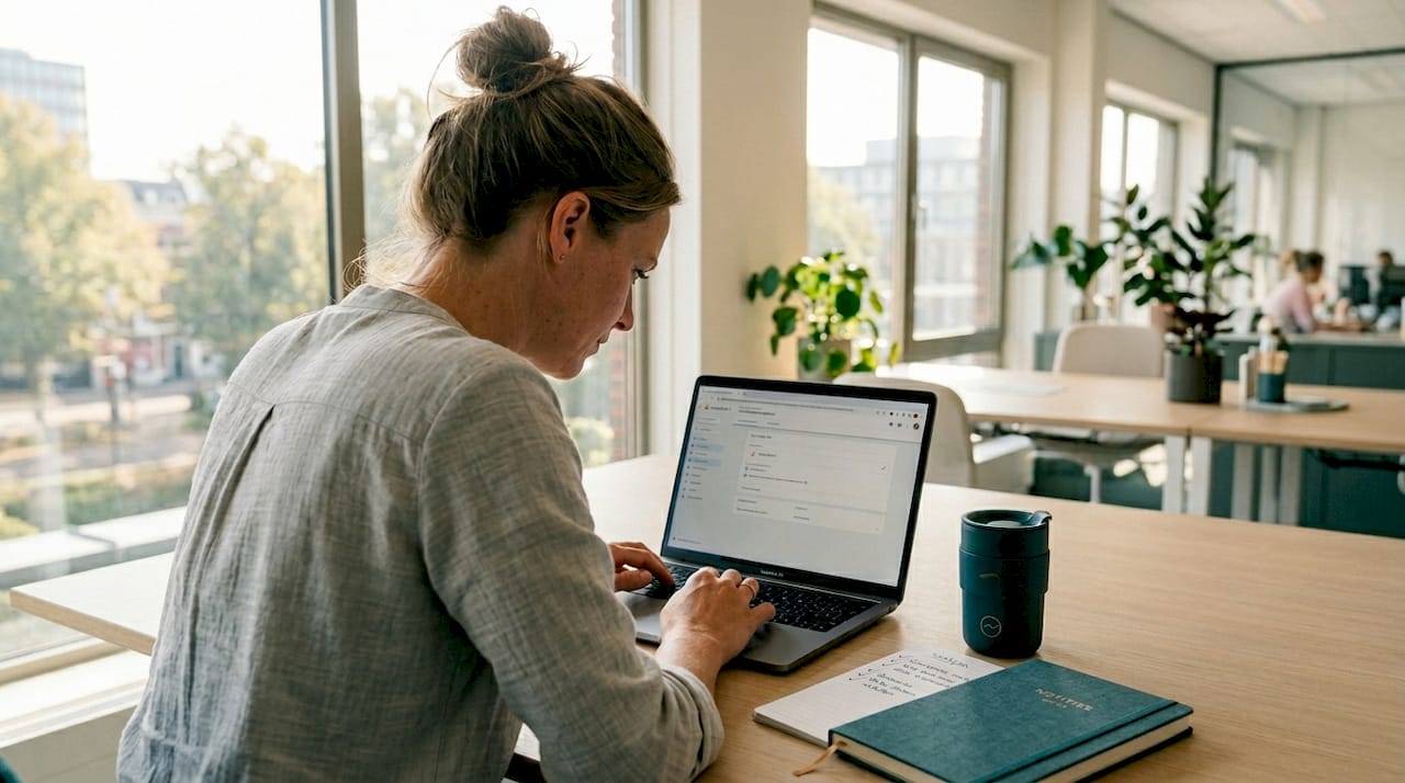 Een vrouw controleert of de advertentie-tracking goed is ingesteld op haar laptop.