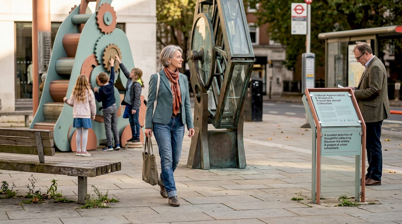 Bezoekers die kunstinstallatie op stadsplein verkennen