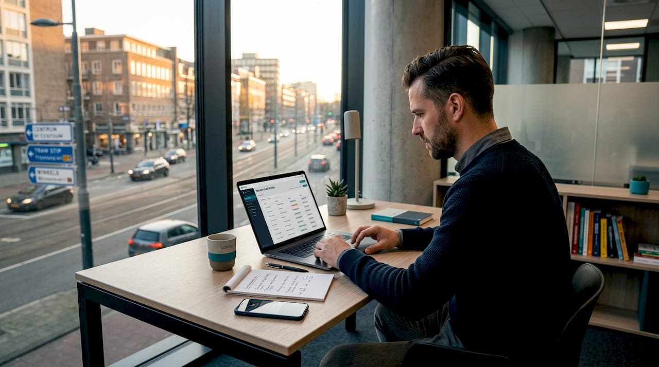 Vanuit huis werkt een medewerker leads bij in zijn eigen werkomgeving.